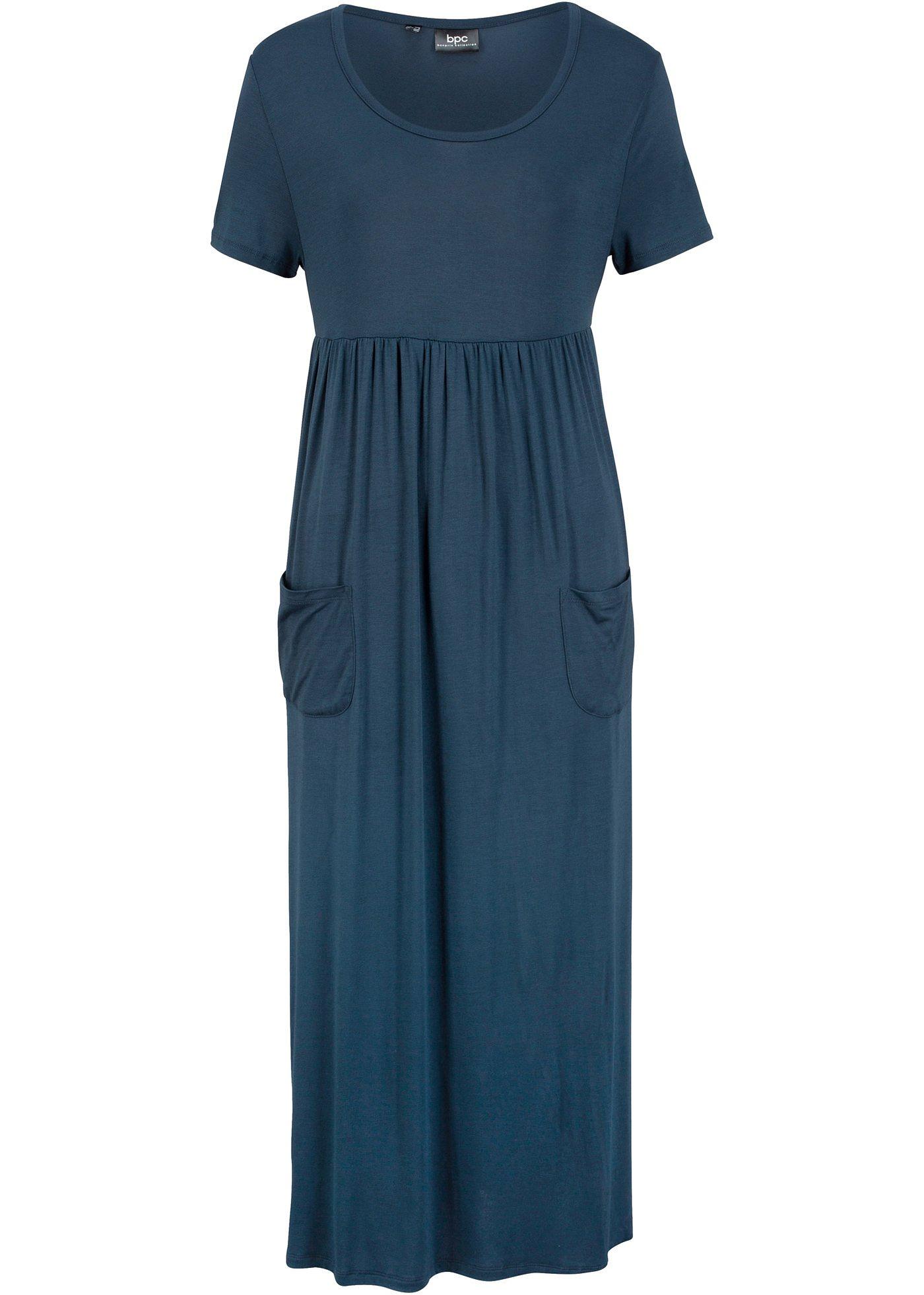 Robe midi extensible avec col rond et manches courtes