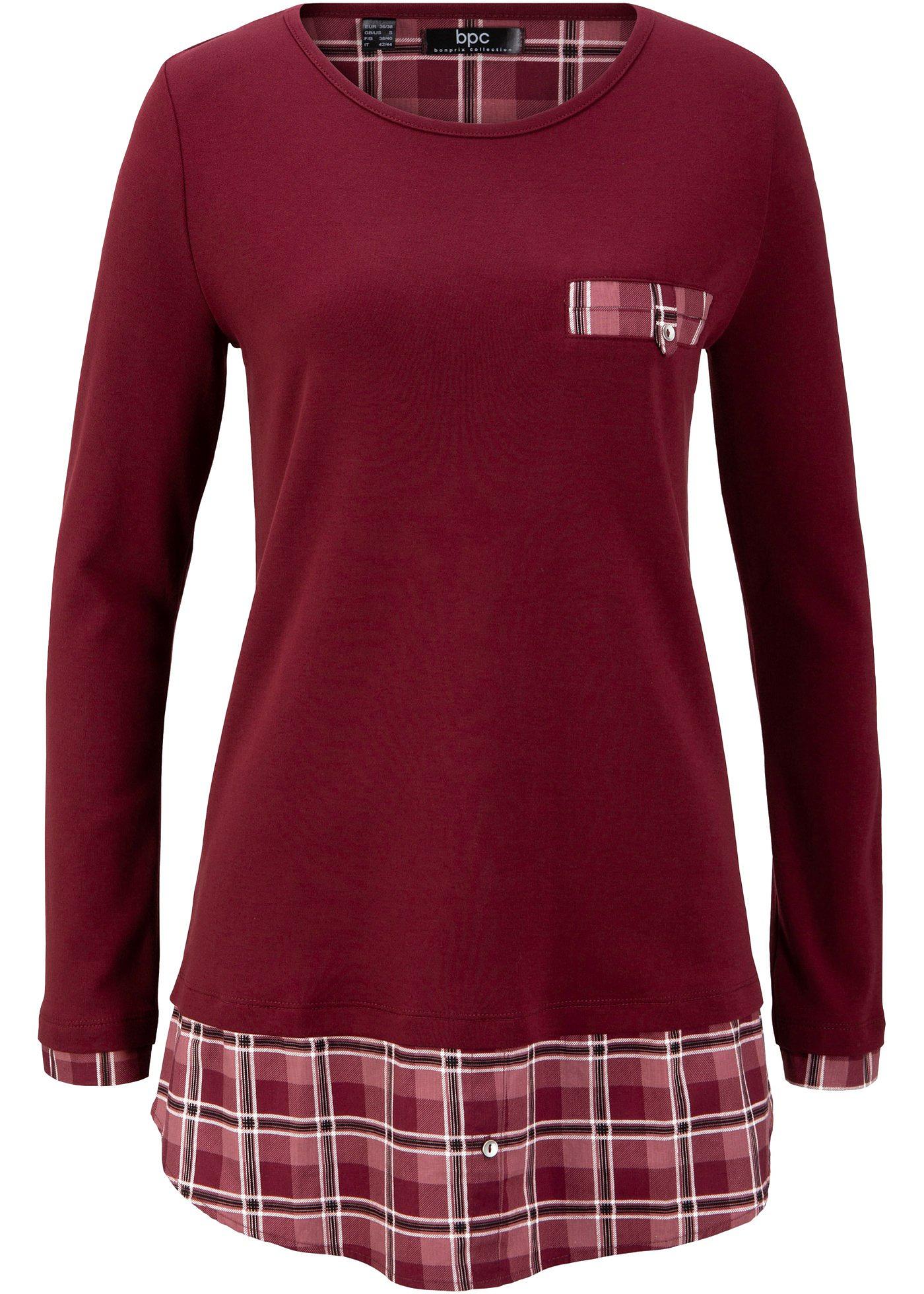 T-shirt coton manches longues avec empiècement à carreaux en viscose