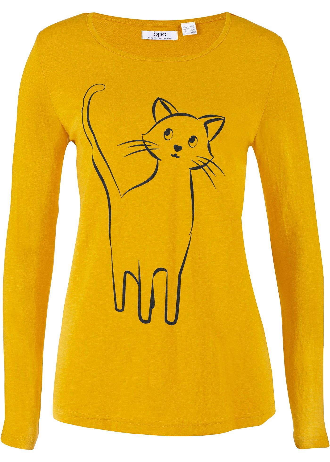 T-shirt coton à imprimé chat, manches longues