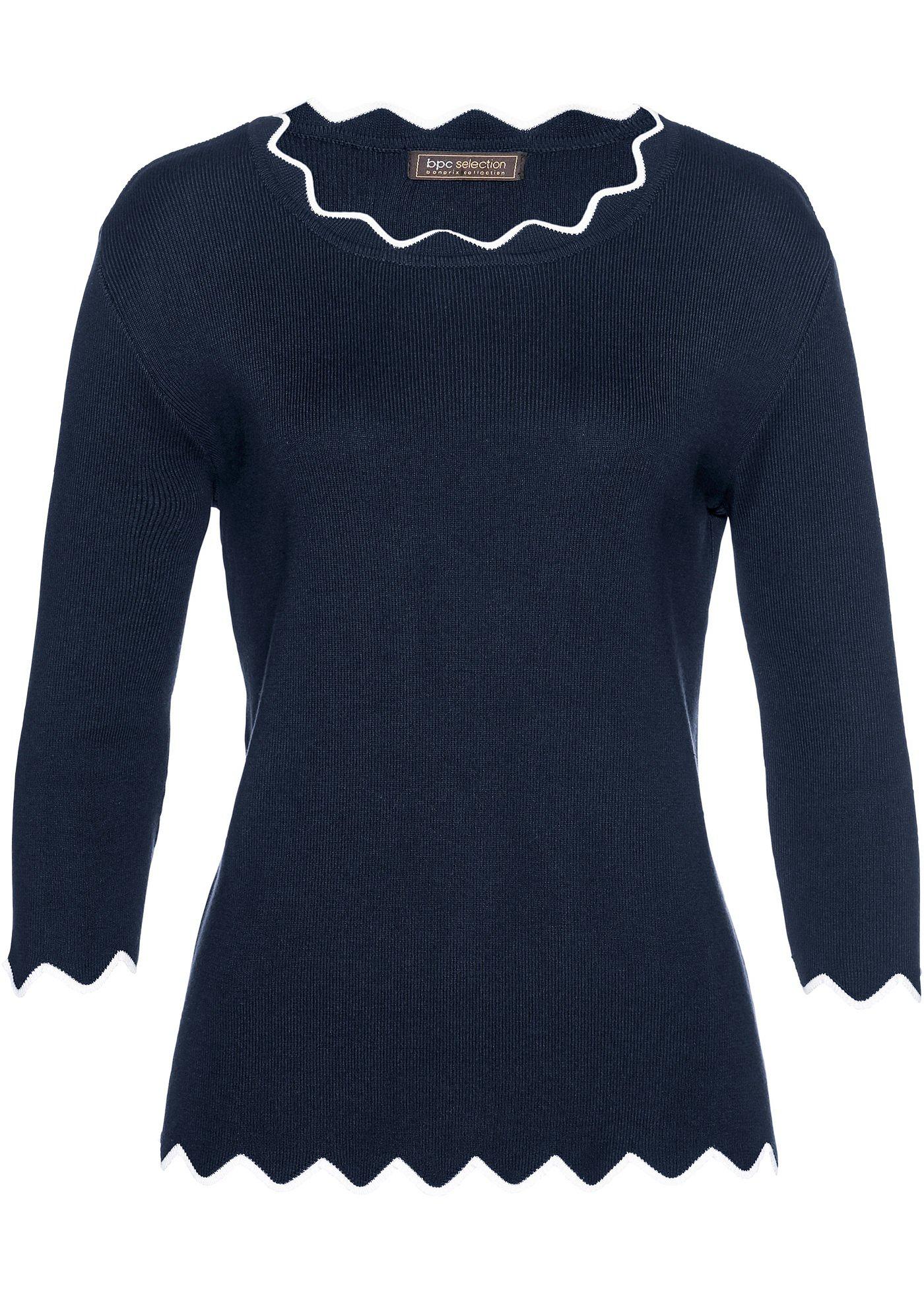 Pull en fine maille à bordures décoratives, manches 3/4