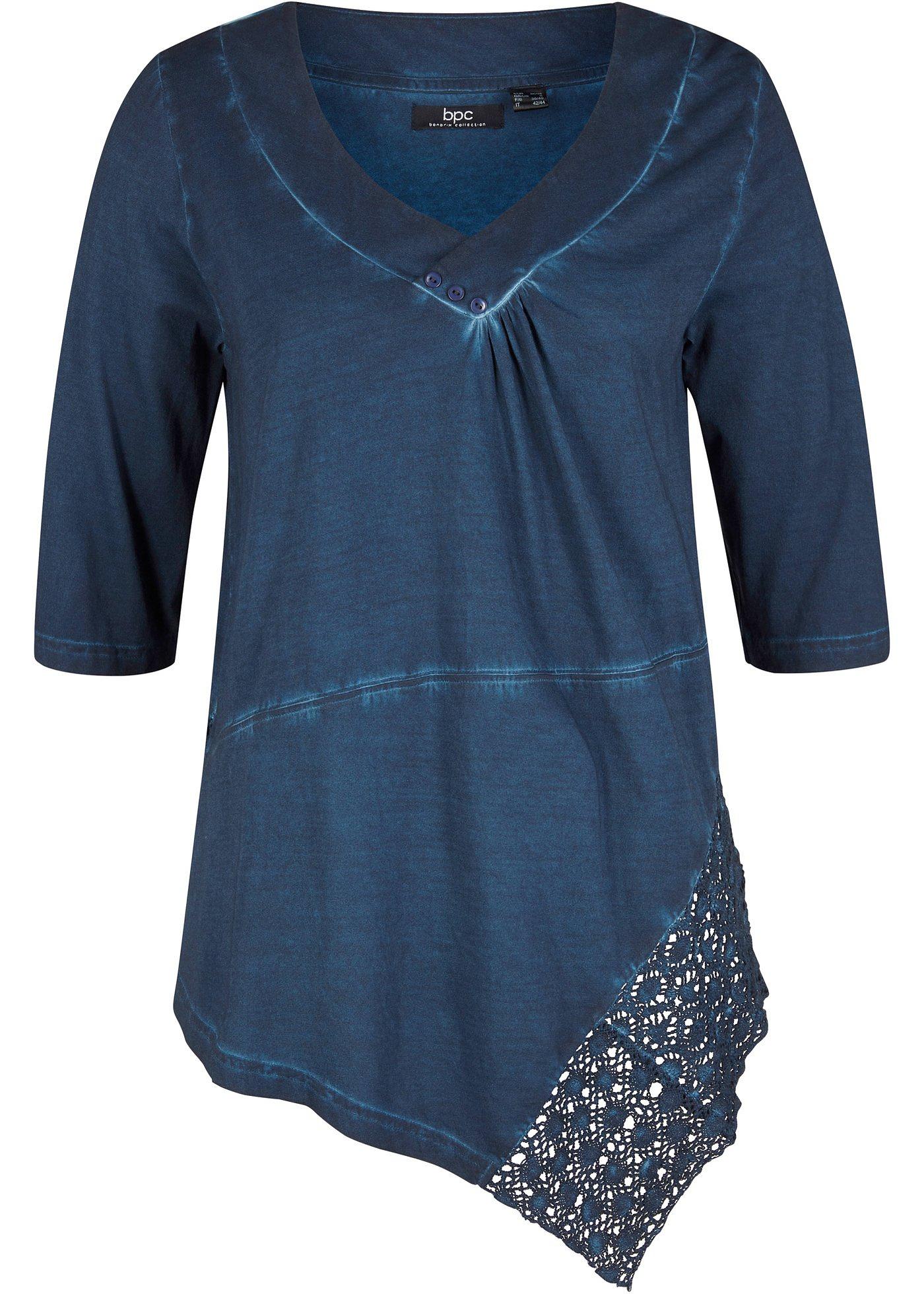 T-shirt long cold-dye en coton avec base dentelle, mi-manches