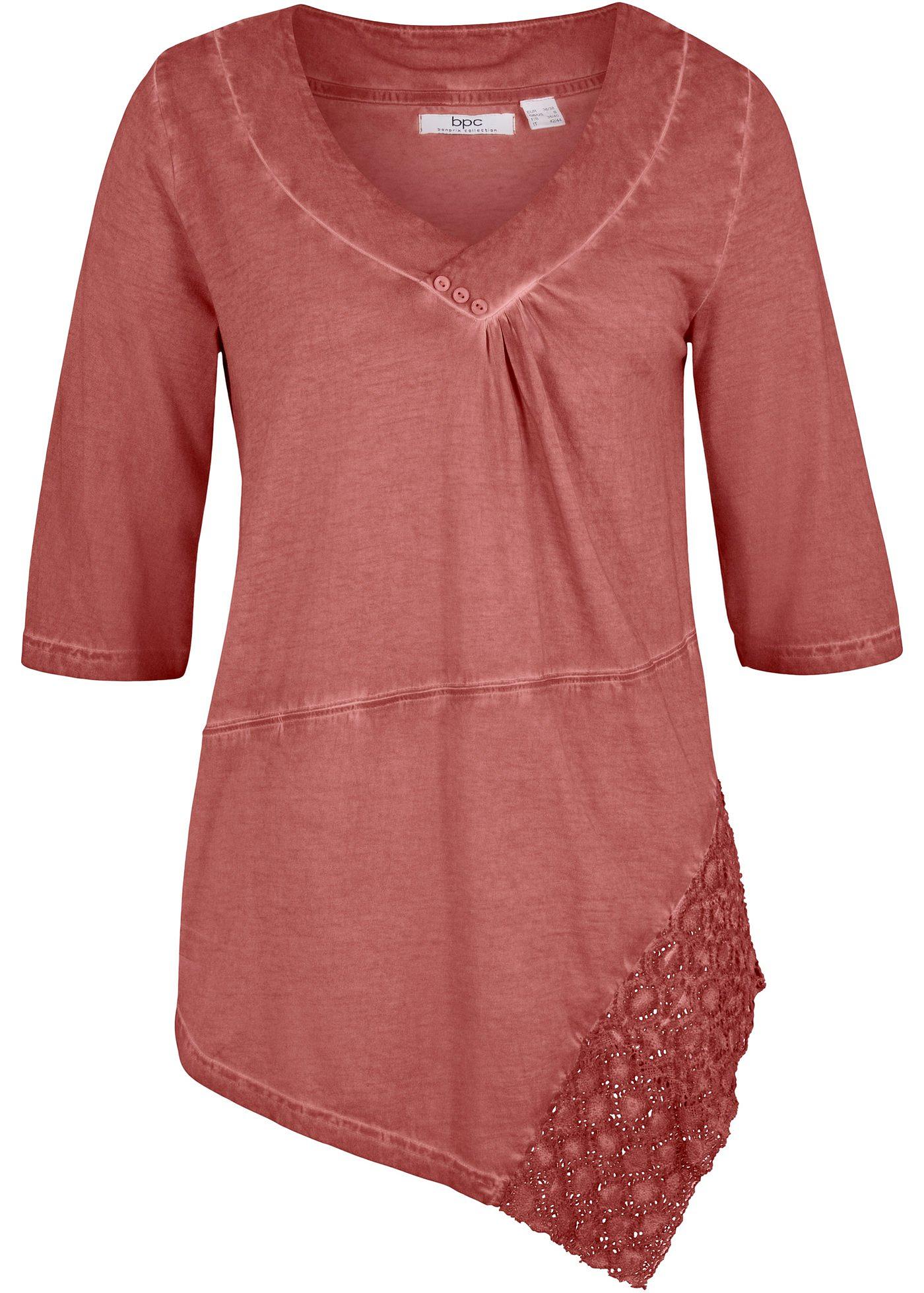 T-shirt long cold-dye en coton avec base dentelle, mi-manches