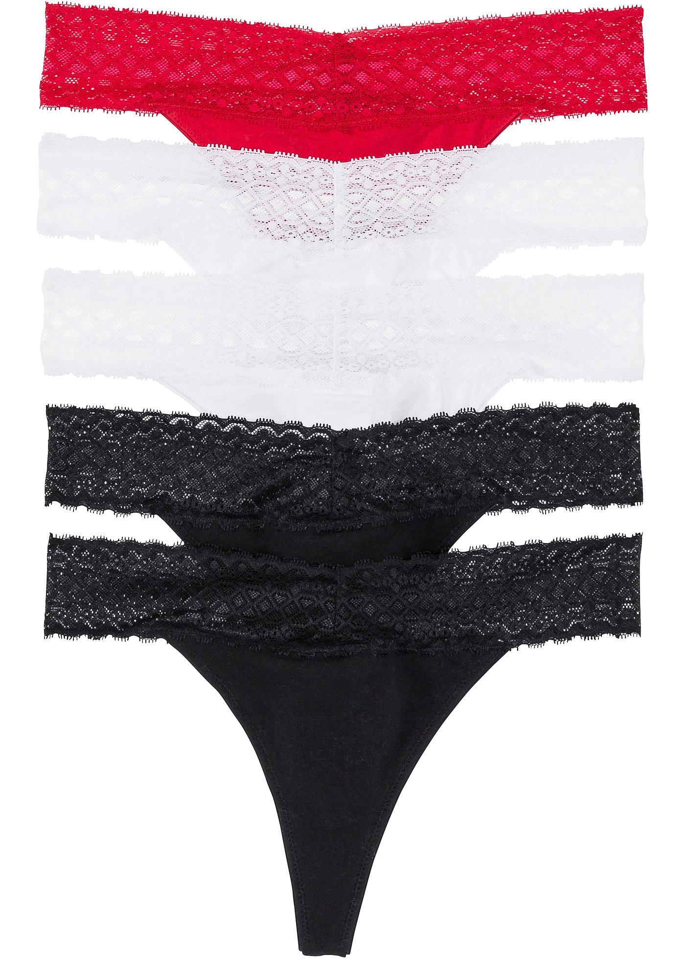 Lot de 5 strings confortables à dentelle - noir/blanc/rouge