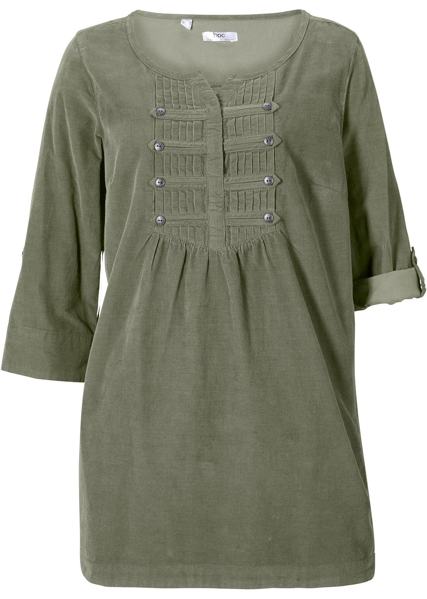 Blouse longue en velours côtelé, manches 3/4