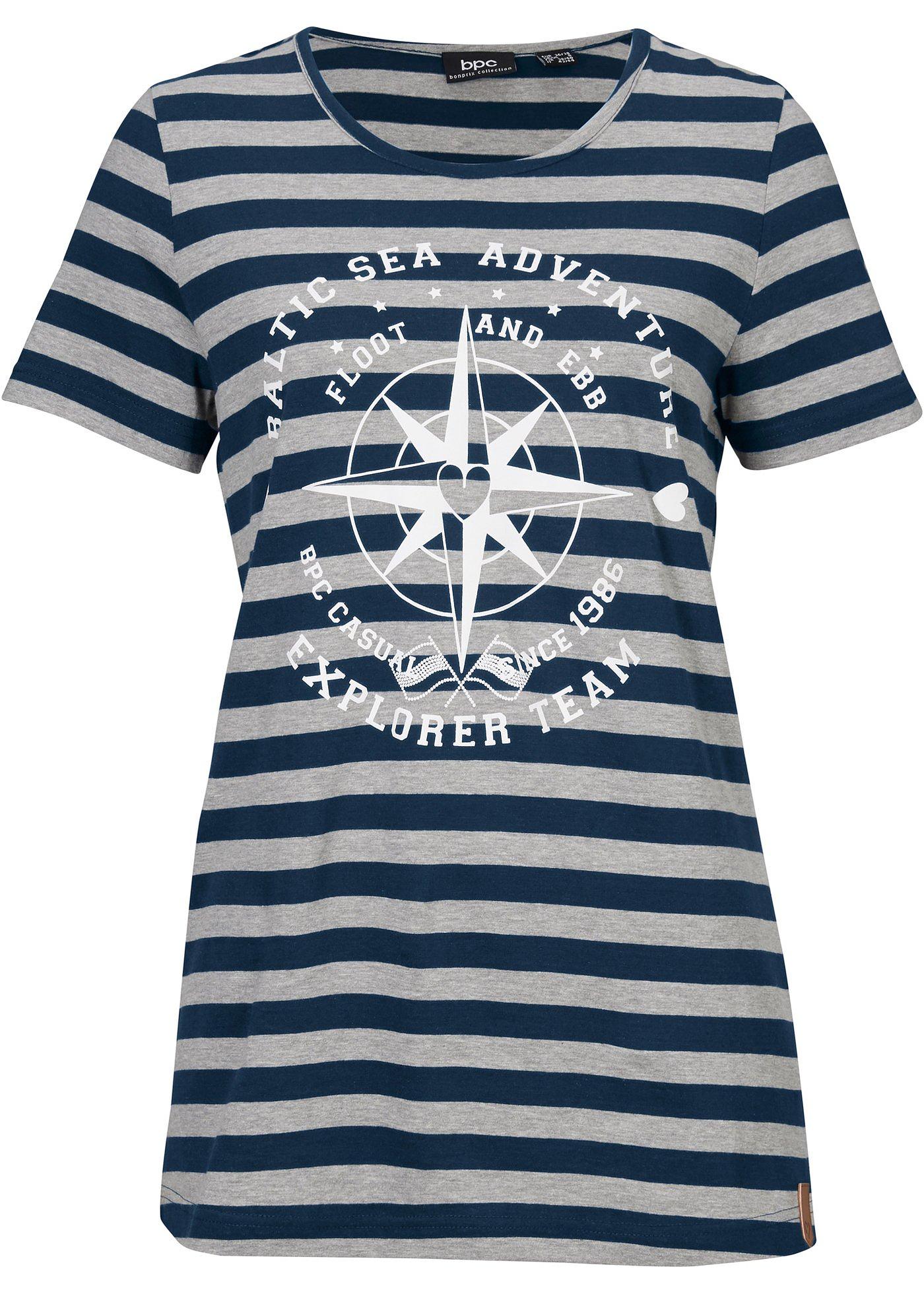 T-shirt coton à imprimé boussole, manches 3/4