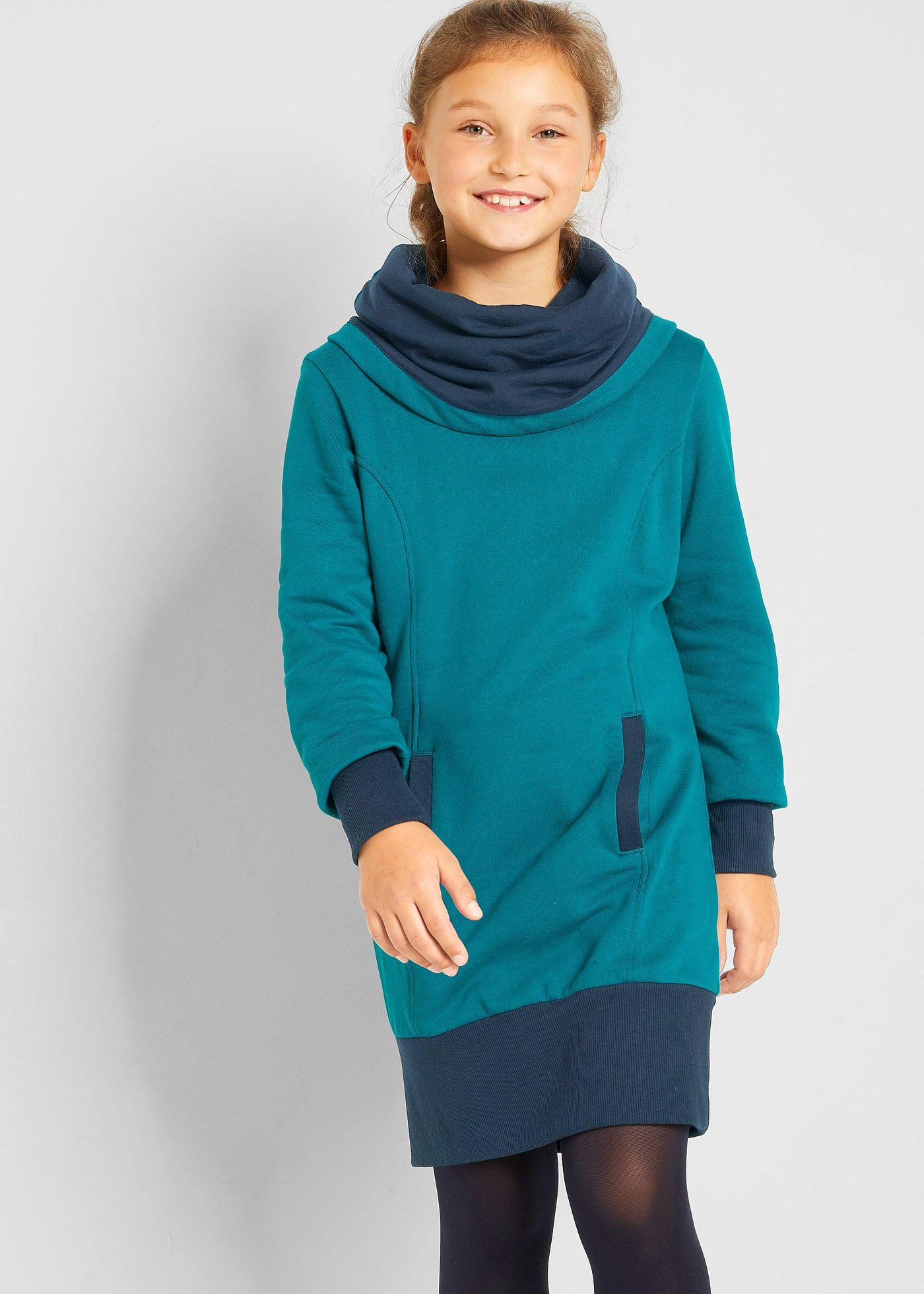 Robe sweat style sportif avec grand col turquoise/bleu foncé