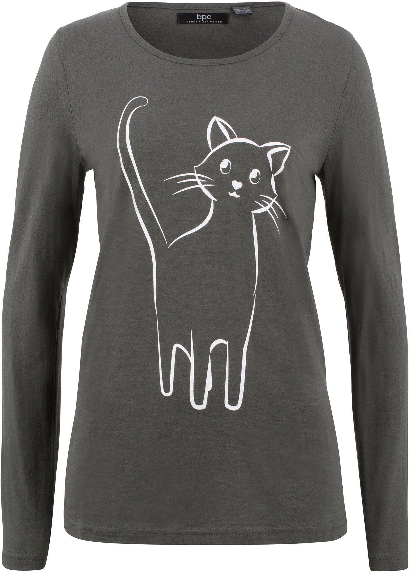 T-shirt coton à imprimé chat, manches longues
