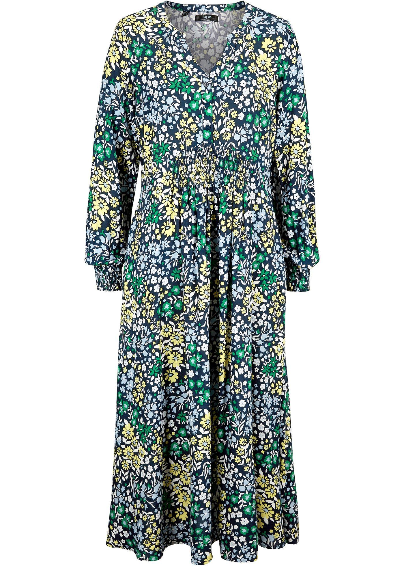 Robe tissée en viscose imprimée avec smock, longue