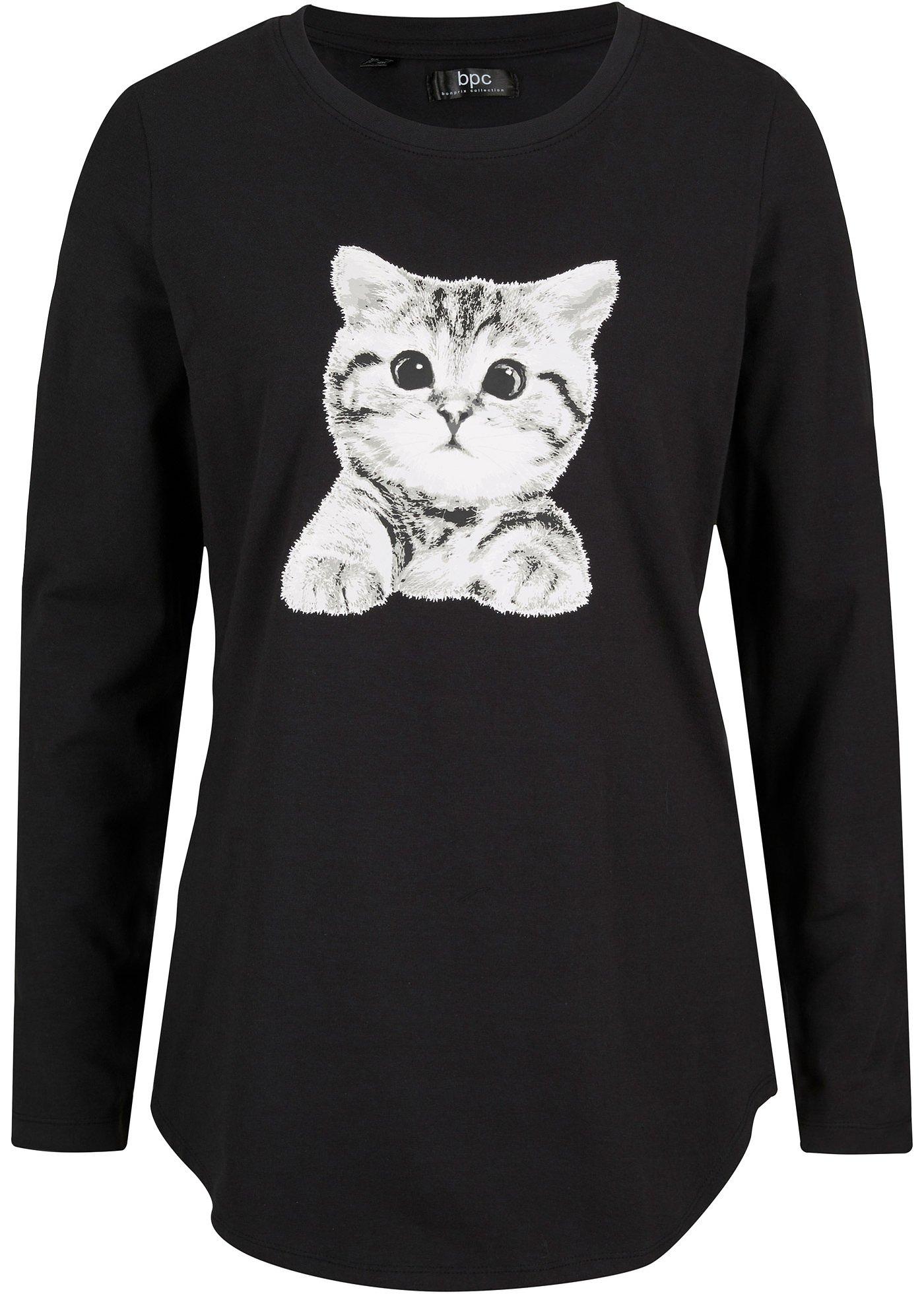 T-shirt manches longues imprimé chat et fentes latérales