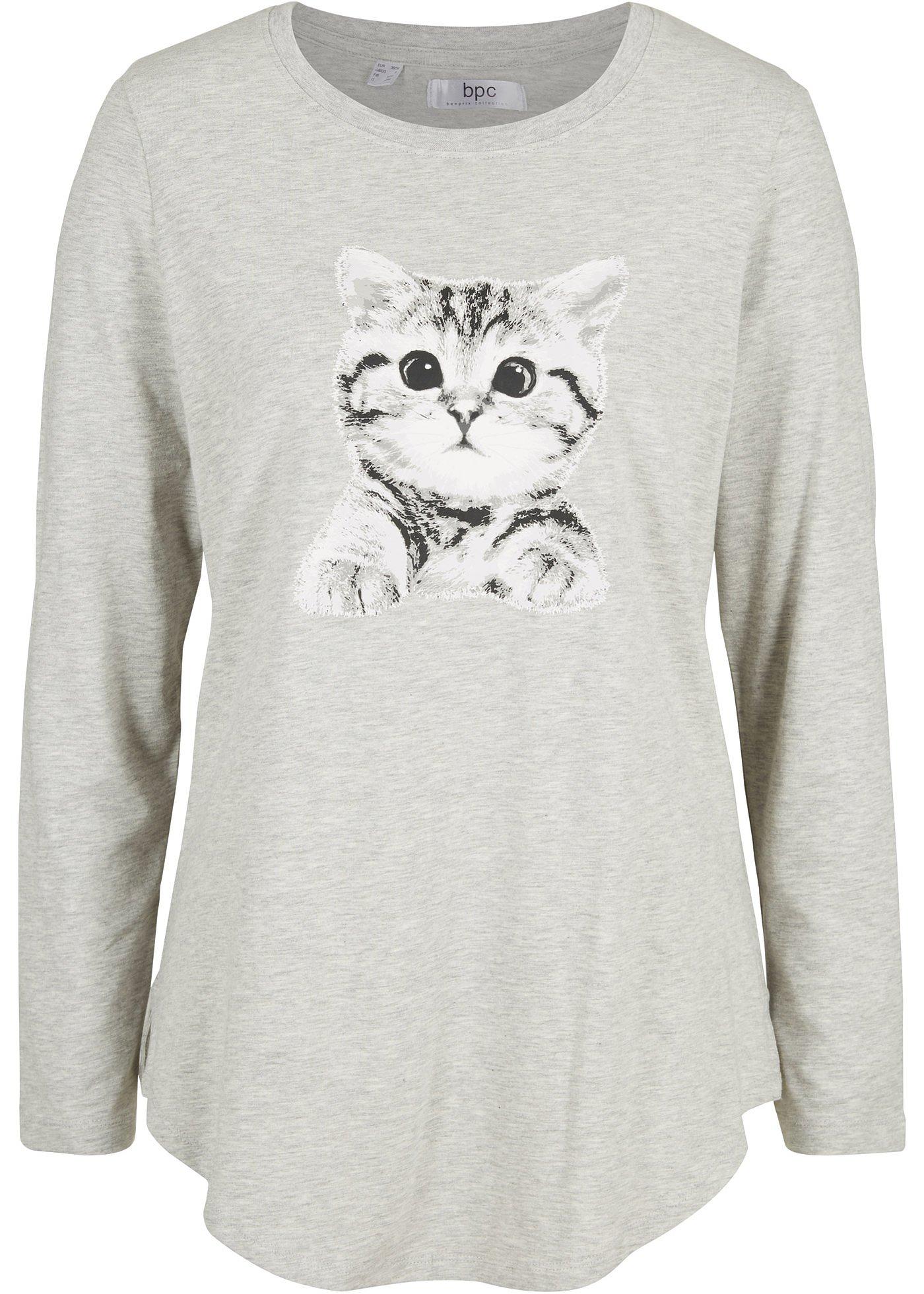 T-shirt manches longues imprimé chat et fentes latérales