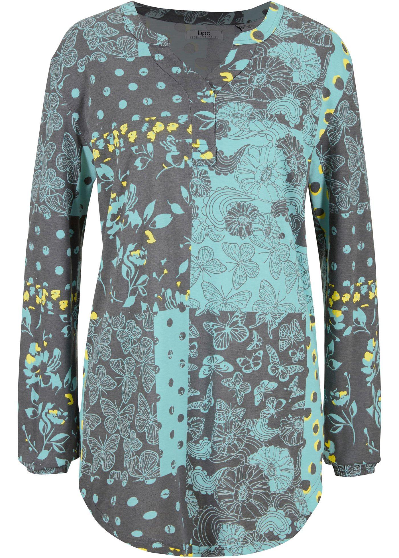 T-shirt long à motif patchwork et fentes latérales, manches longues