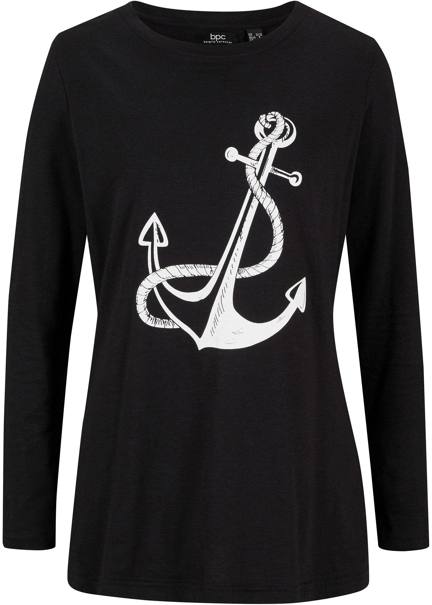 T-shirt manches longues coton à motif ancre et fentes latérales