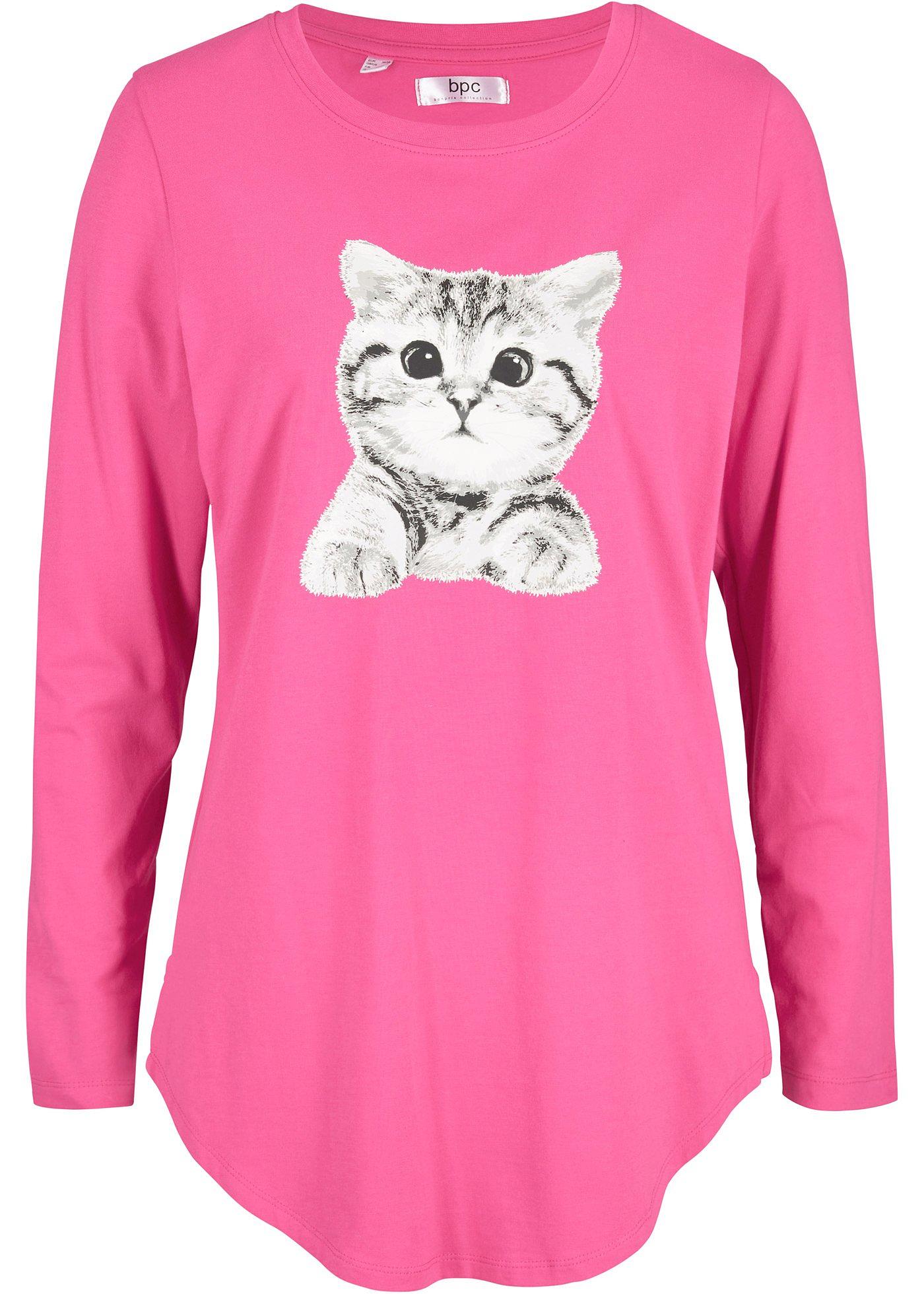 T-shirt manches longues imprimé chat et fentes latérales