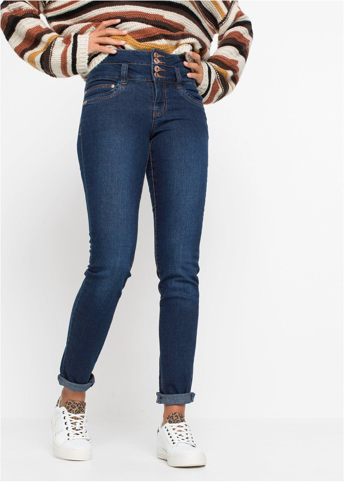 Jean skinny féminin à taille haute et patte de boutons dark denim