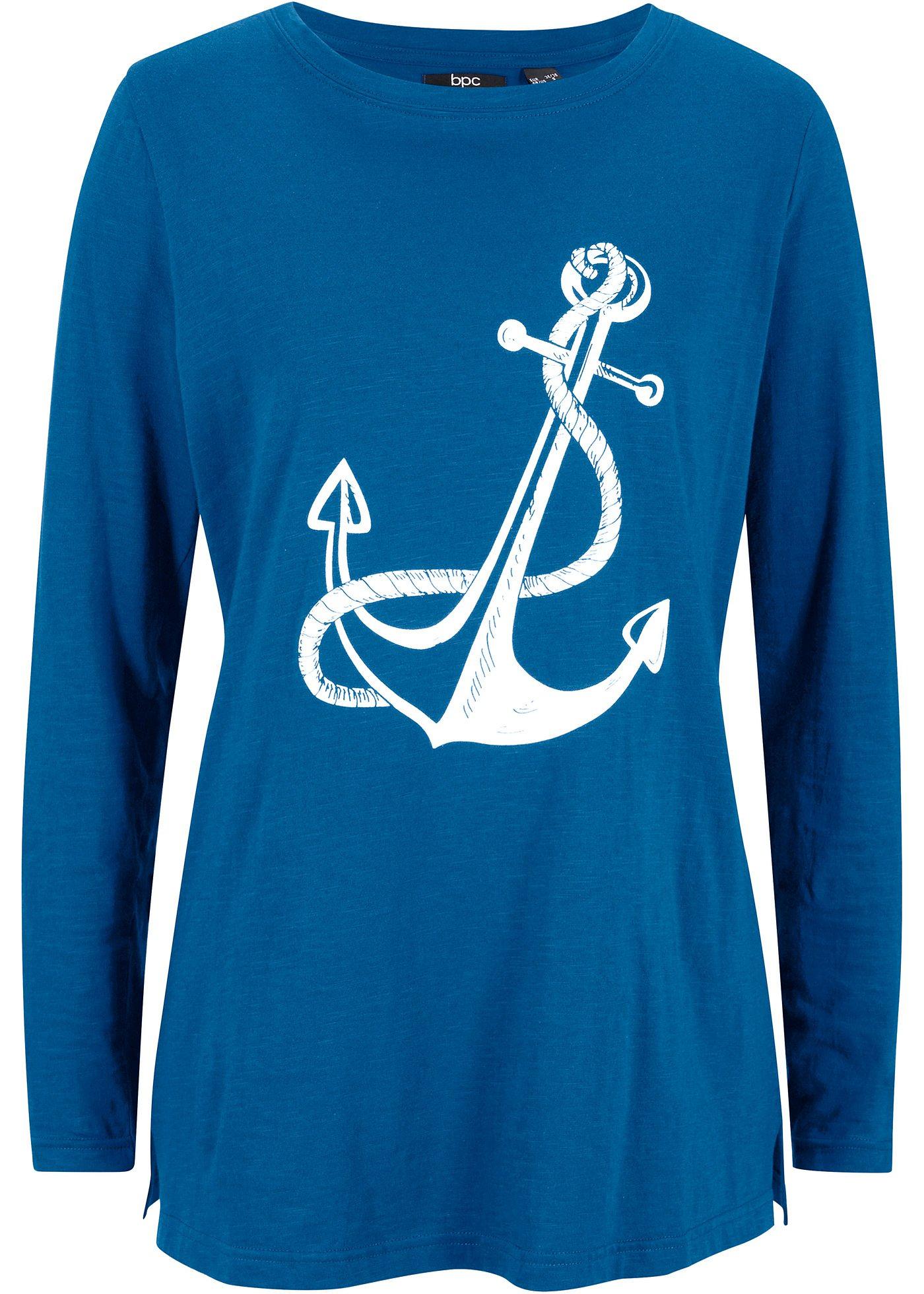 T-shirt manches longues coton à motif ancre et fentes latérales