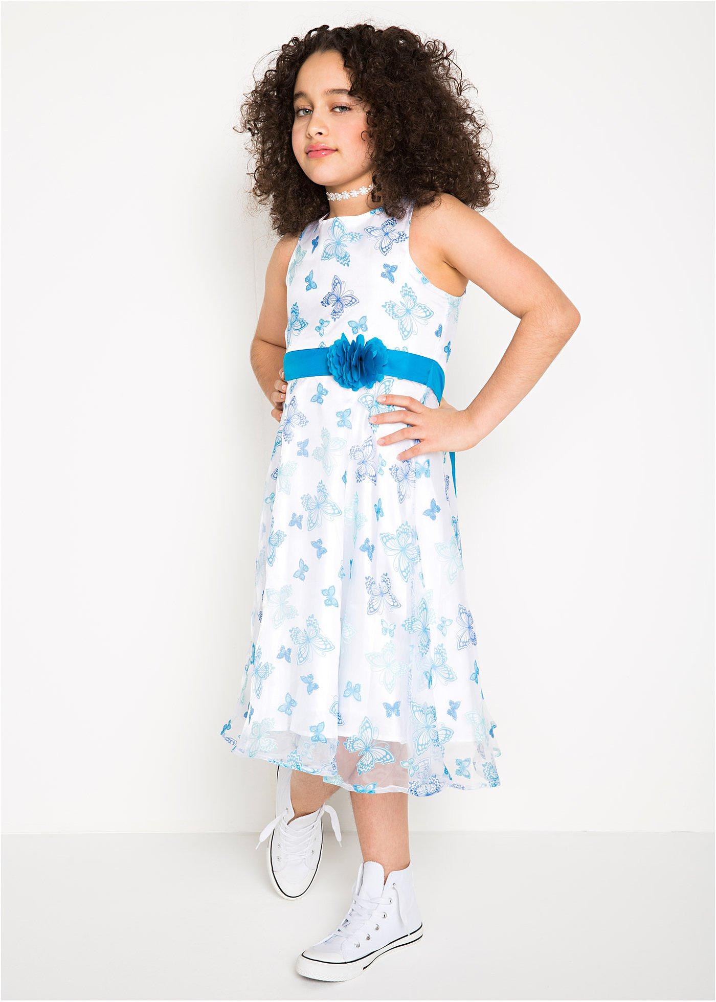 Robe de fête fille avec imprimé allover blanc/turquoise papillon