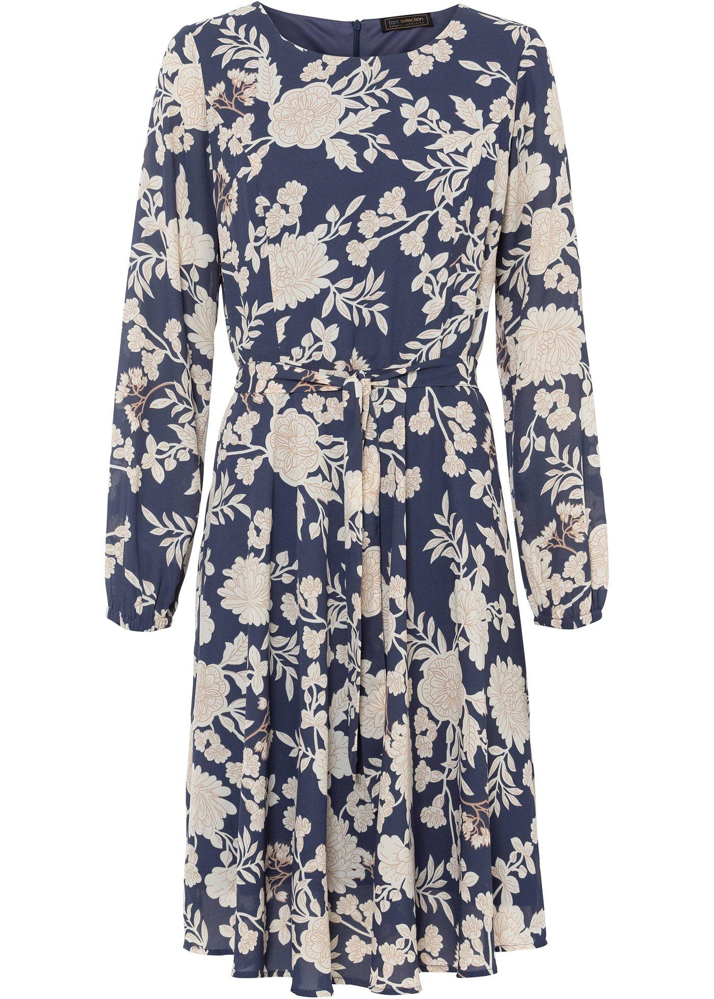 Robe Imprimée - Bleu Foncé/beige à Fleurs