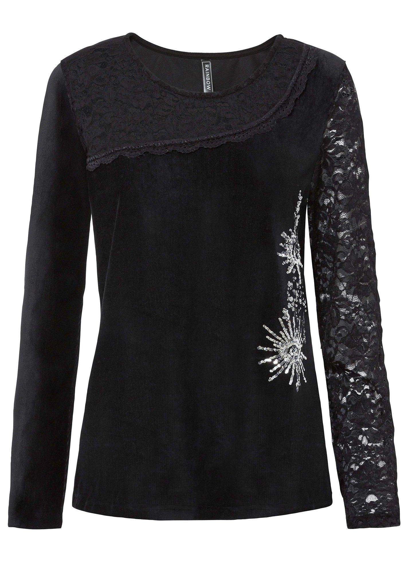 T-shirt manches longues en velours avec paillettes et dentelle