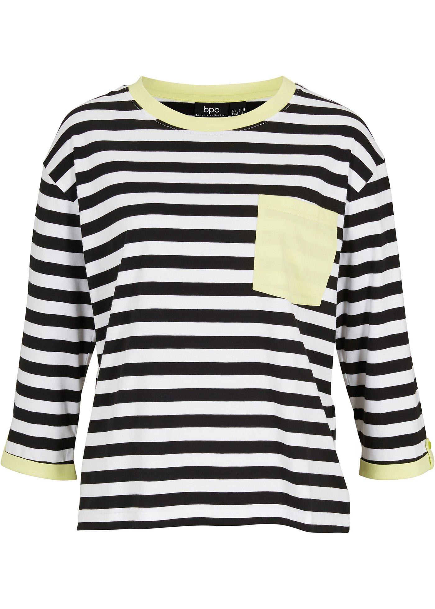 T-shirt coton avec détails contrastants, manches 3/4 retroussables