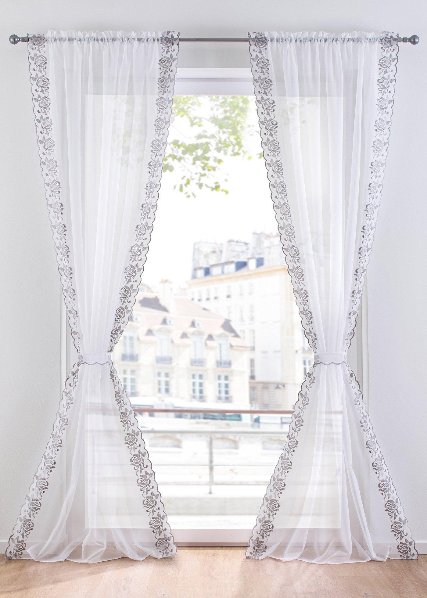 Voilage à broderie florale avec embrasse (1 pce.)