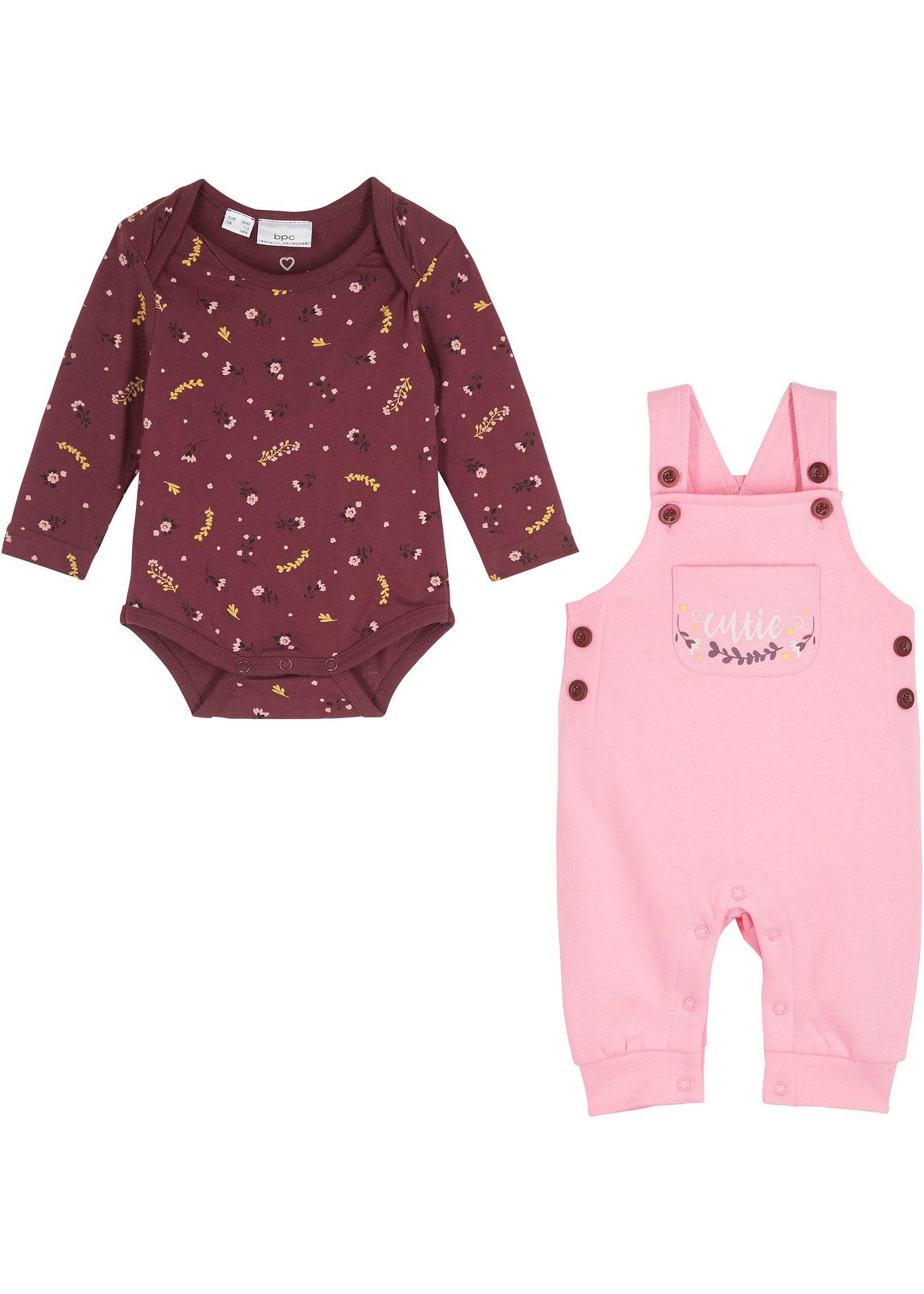 Body bébé manches longues + salopette en sweat en coton bio (Ens. 2 pces.)