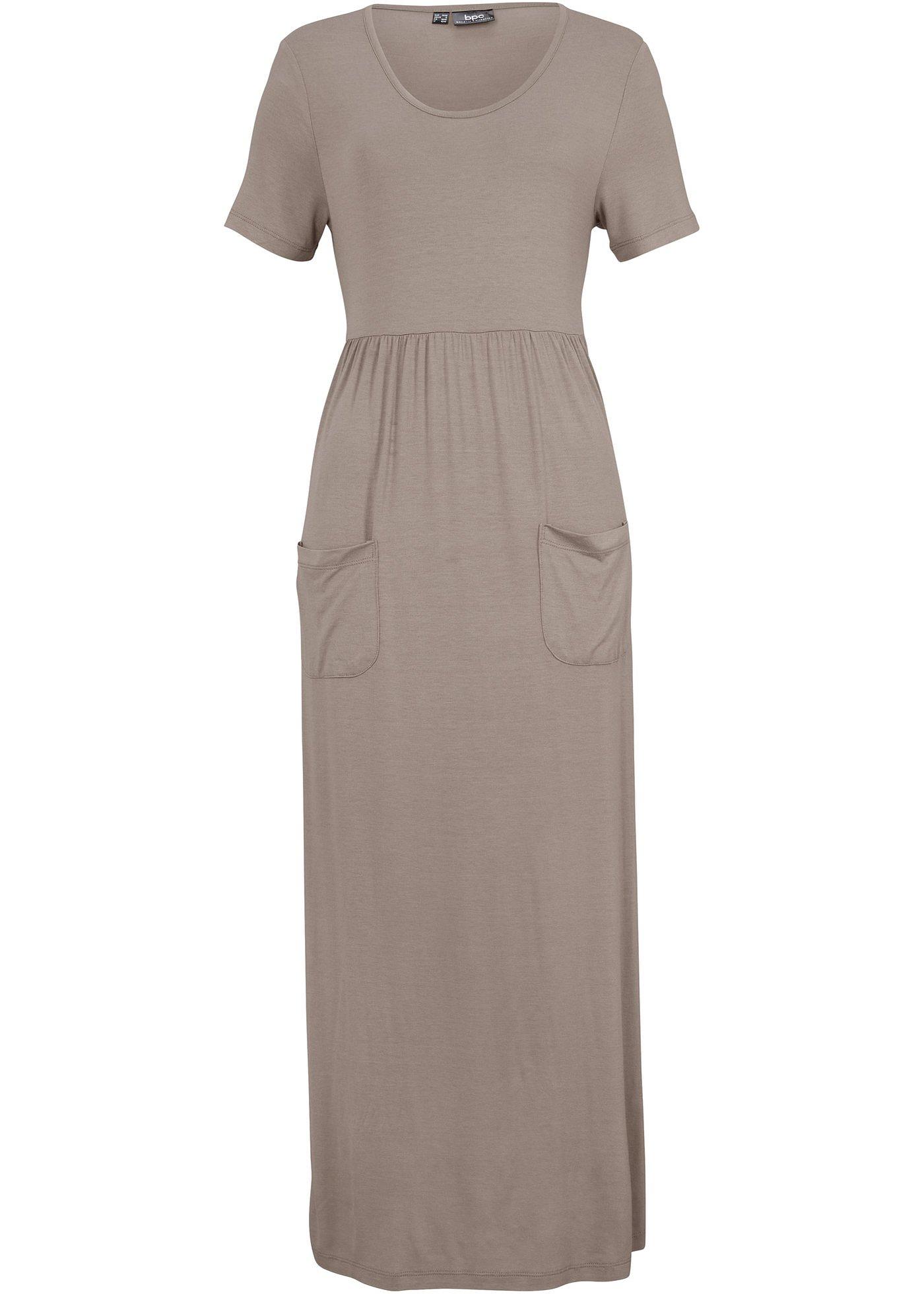 Robe midi extensible avec col rond et manches courtes