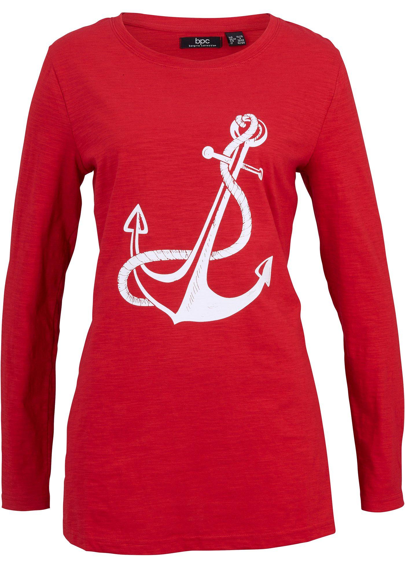 T-shirt manches longues coton à motif ancre et fentes latérales