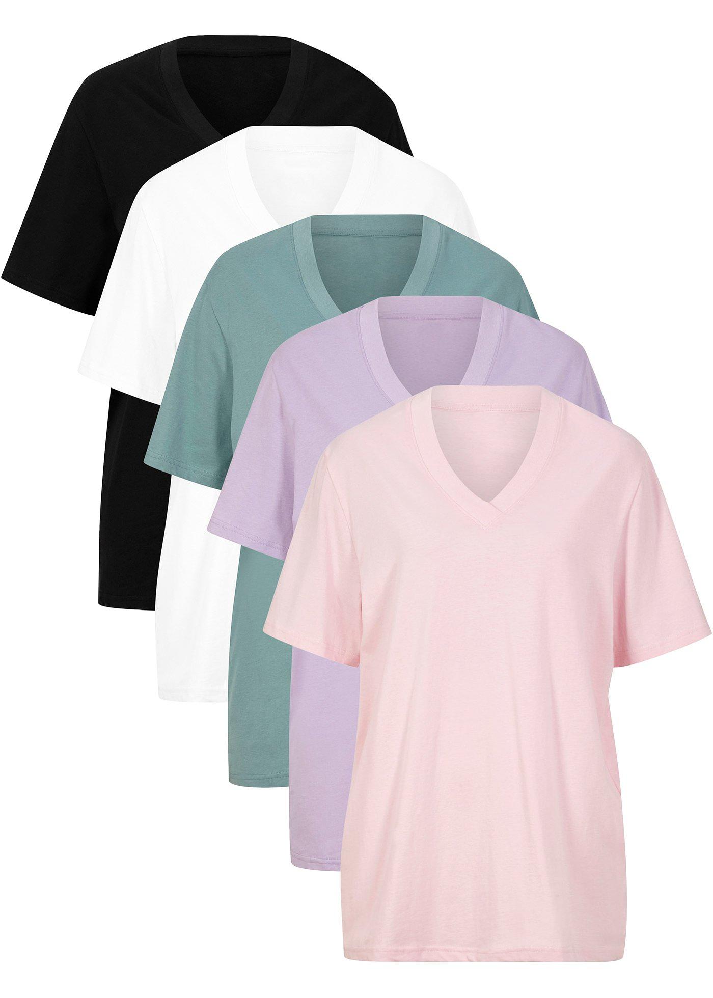 Lot de 5 T-shirts longs amples col en V, manches courtes