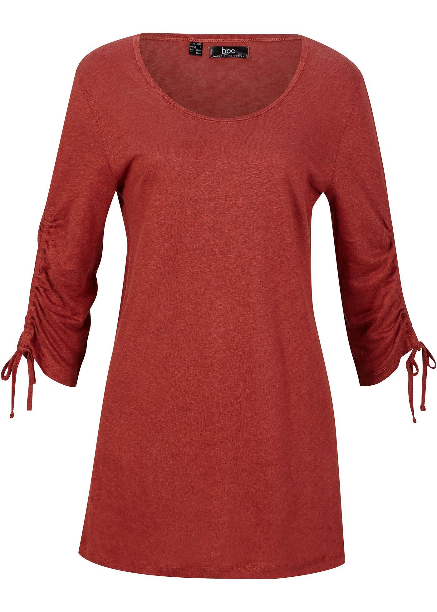 T-shirt long en lin majoritaire avec fronces aux manches