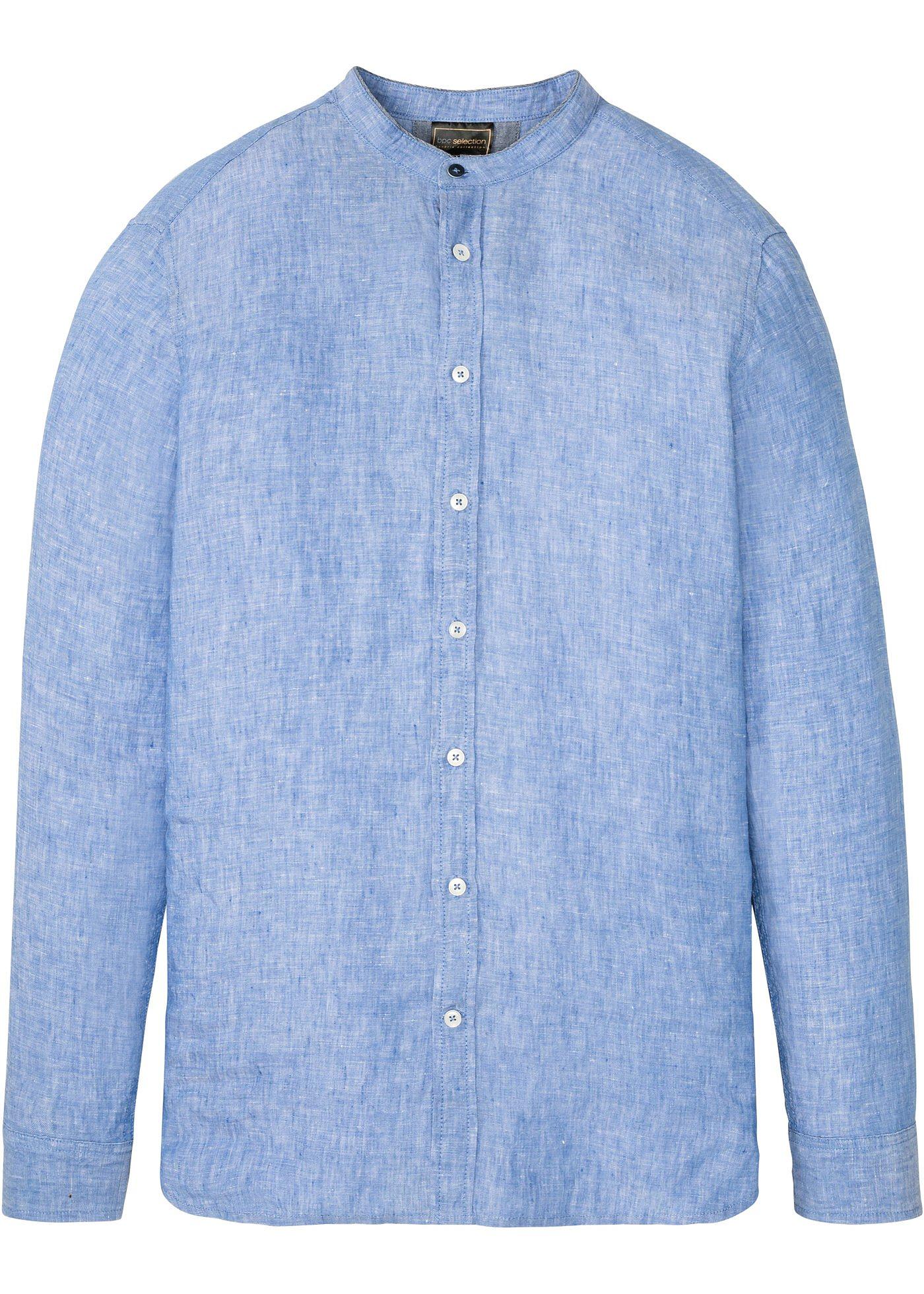 Chemise en lin majoritaire à col montant, manches longues