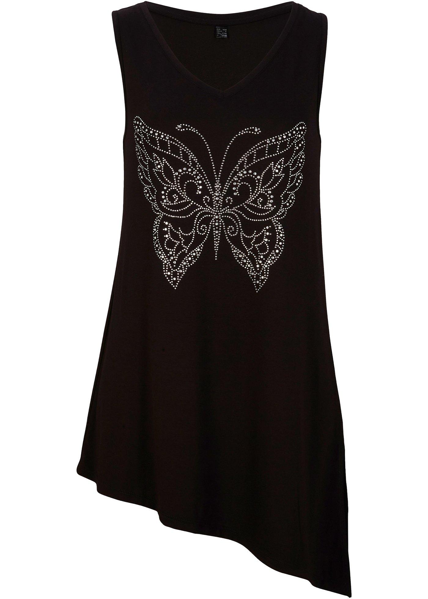 Top long asymétrique avec papillon brillant