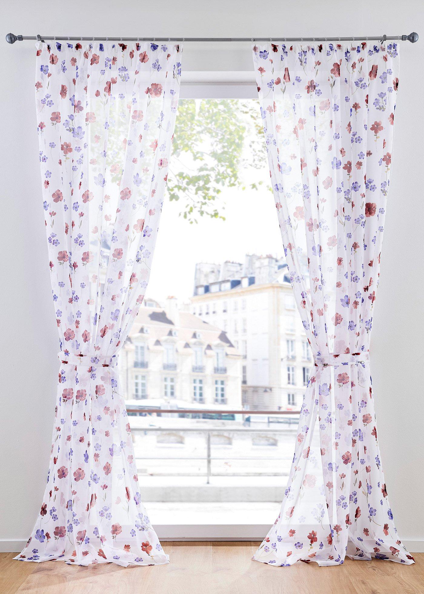 Voilage imprimé floral avec embrasse incluse (1 pce.)