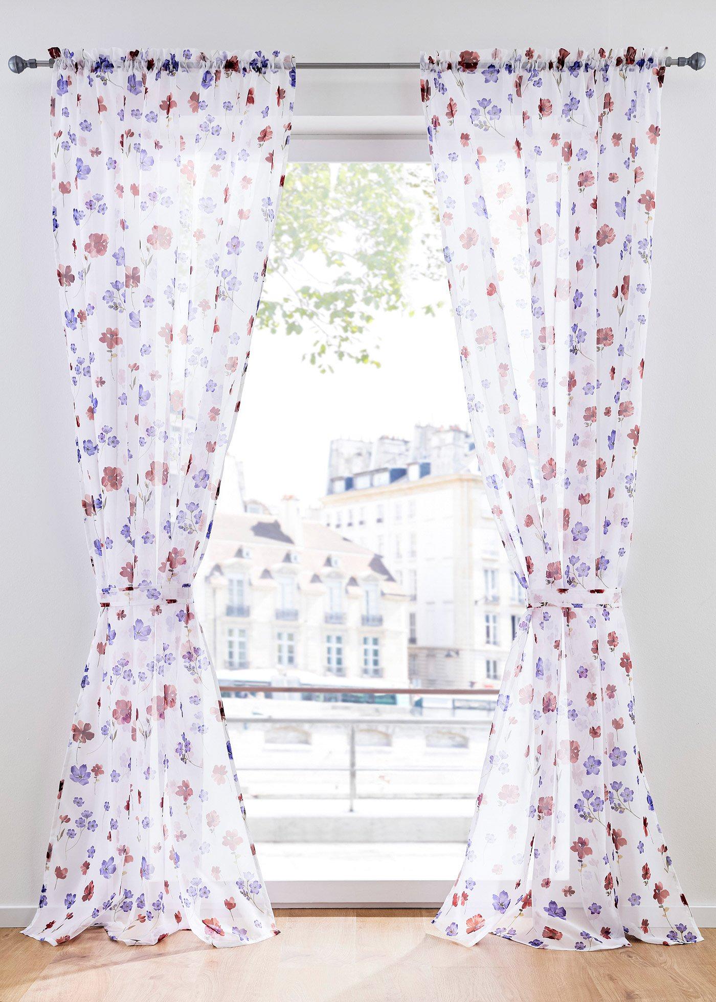 Voilage imprimé floral avec embrasse incluse (1 pce.)