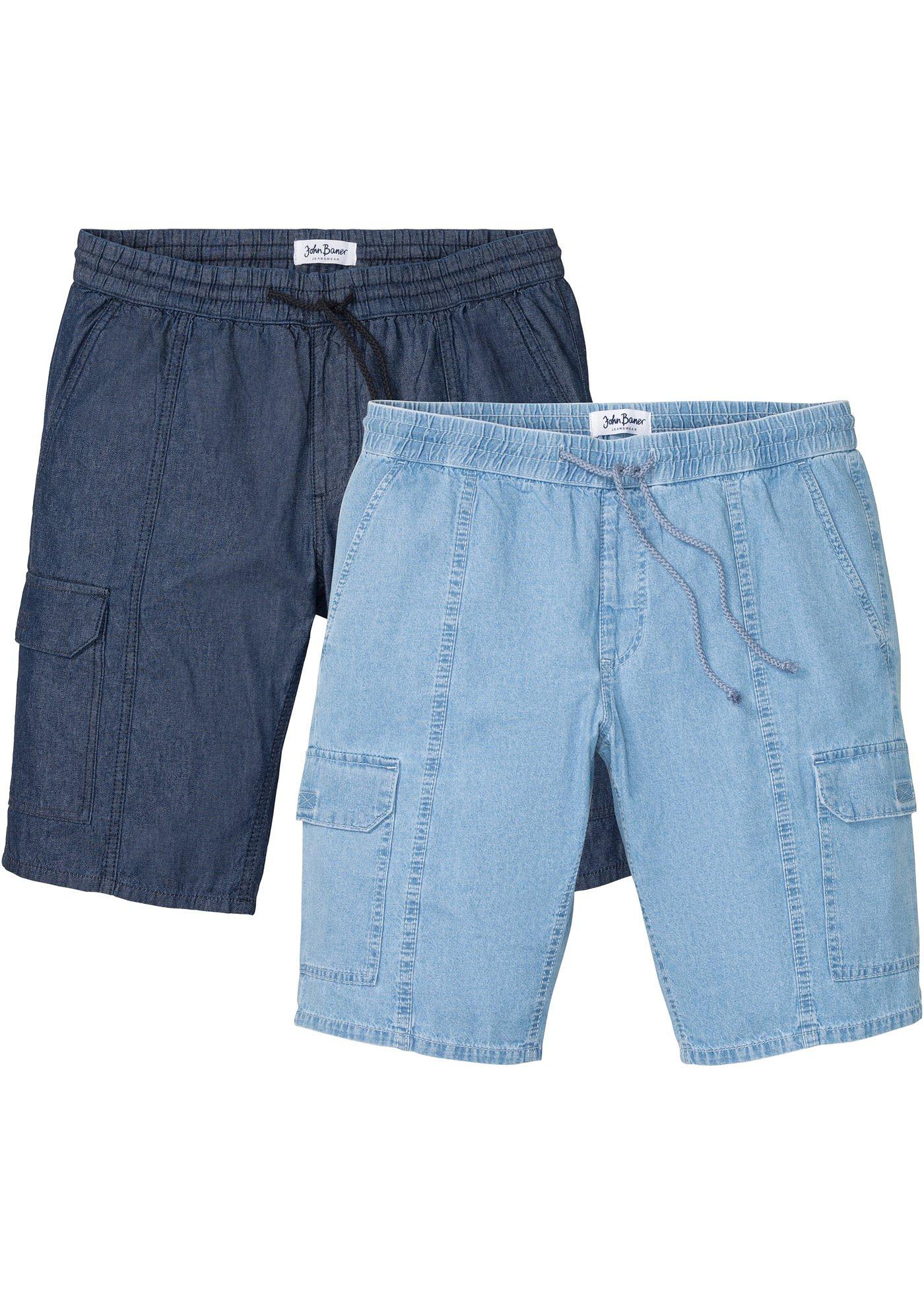 Image de Lot de 2 bermudas cargo en jean à taille extensible, Loose Fit