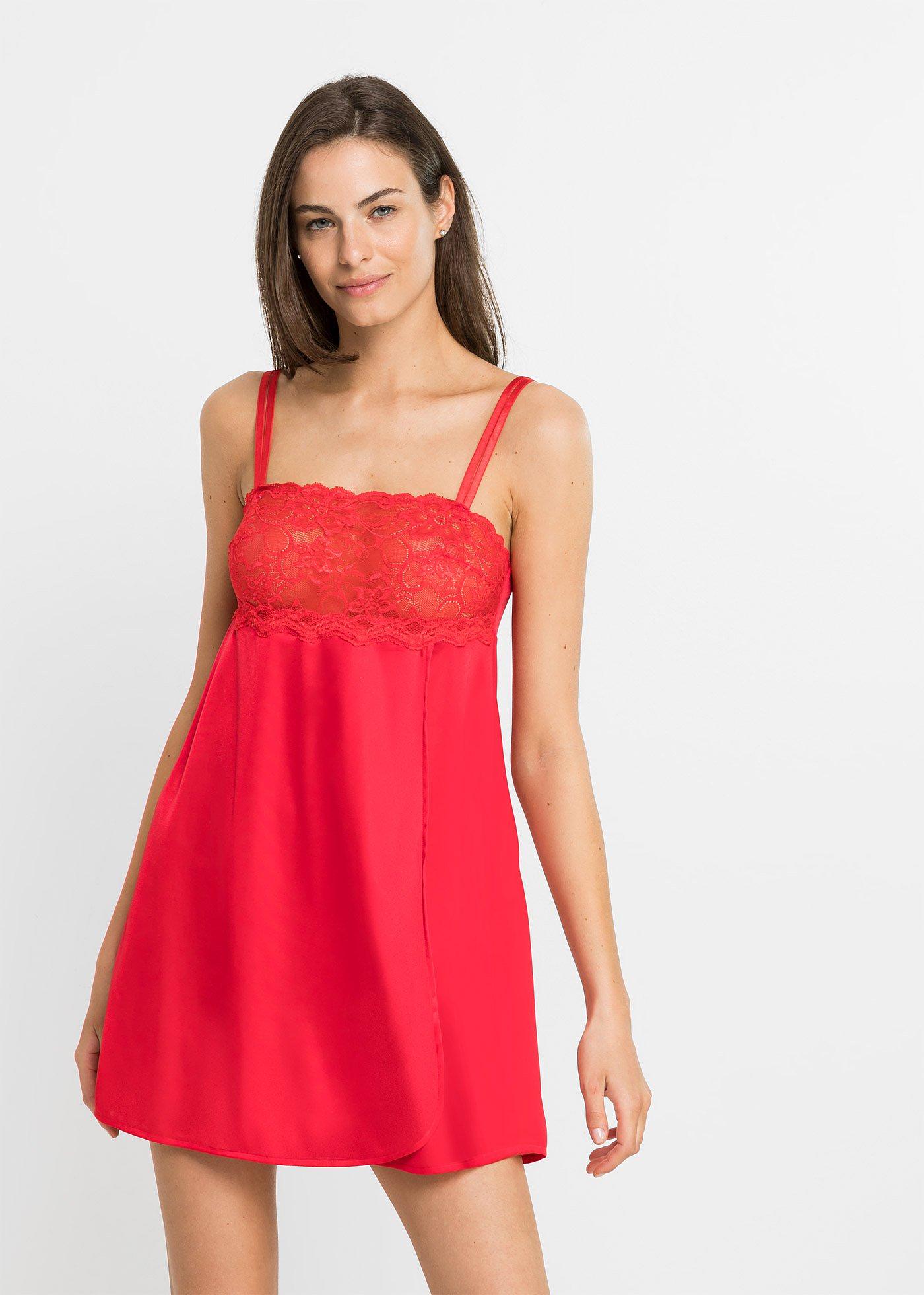 Nuisette en satin brillant avec empiècement en dentelle rouge