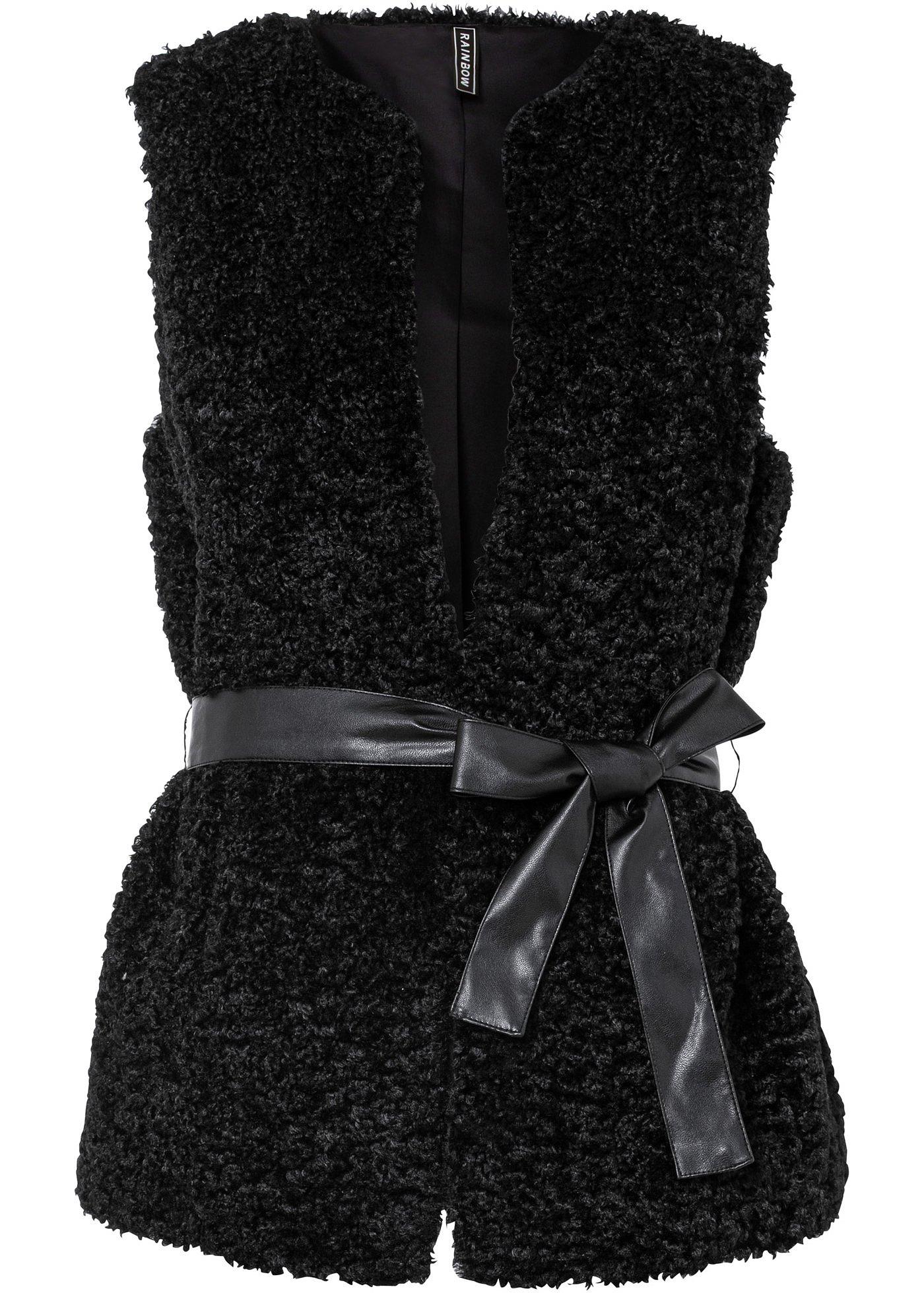 Gilet sans manches en fourrure peluche avec ceinture en synthétique imitation cuir