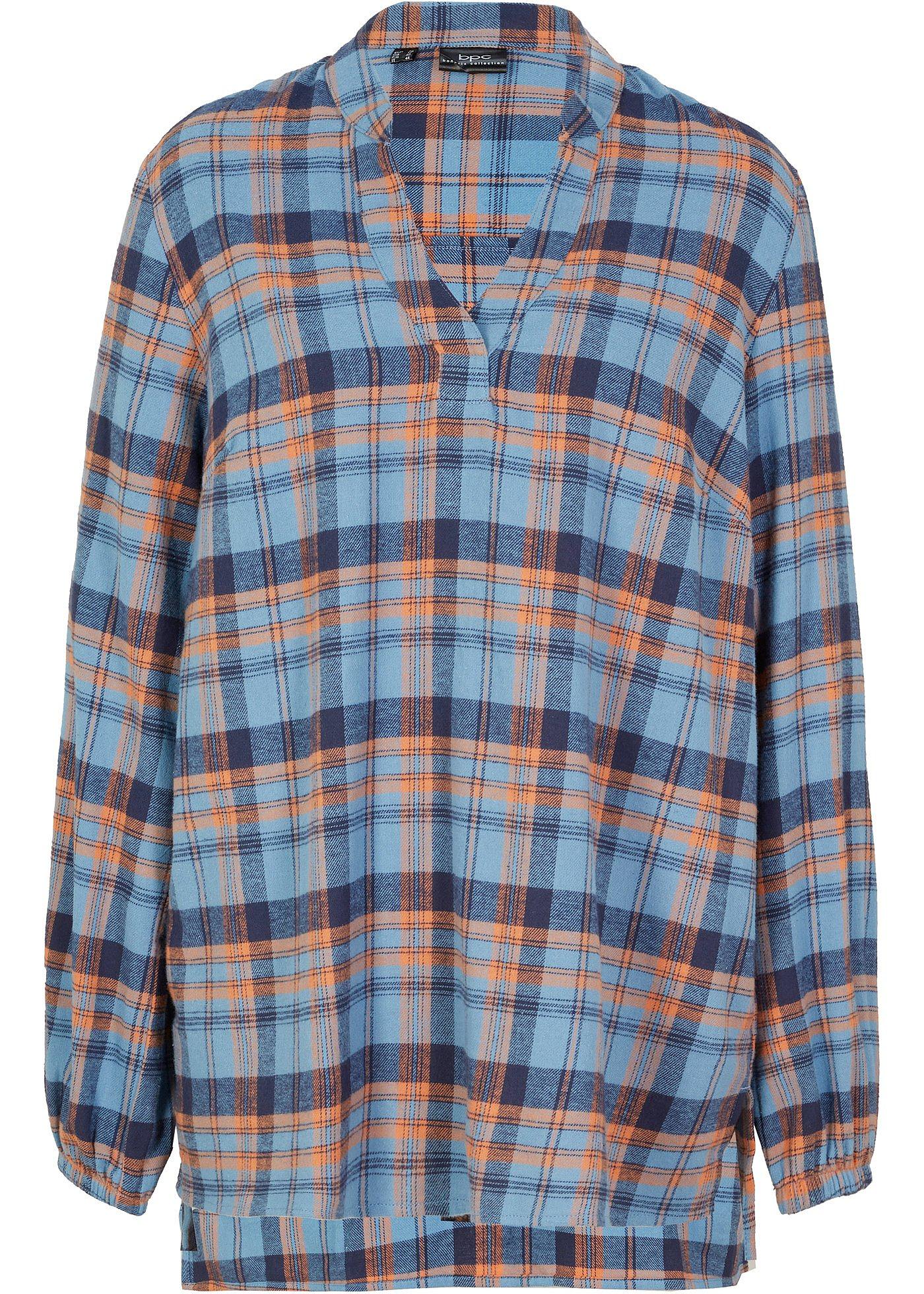 Blouse-tunique en coton à carreaux, manches longues et décolleté triangulaire