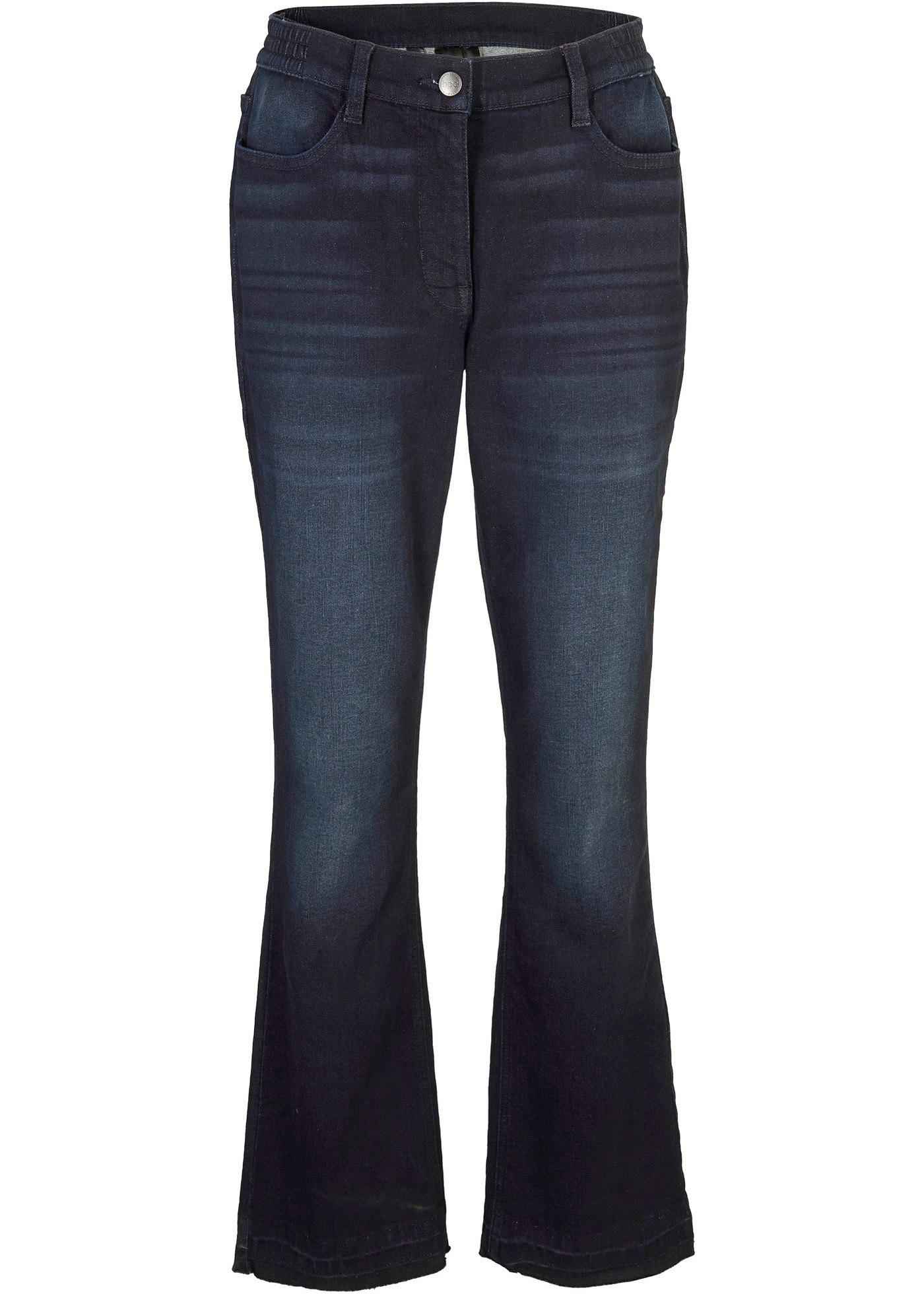 Jean extensible à jambes légèrement évasées avec base effilochée