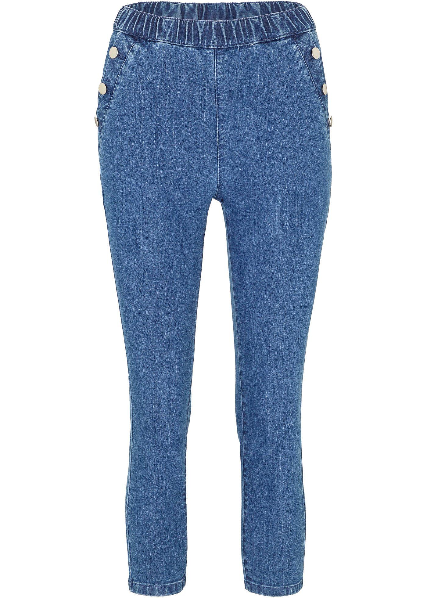 Image de Jean confort extensible 7/8 avec taille confortable et boutons décoratifs