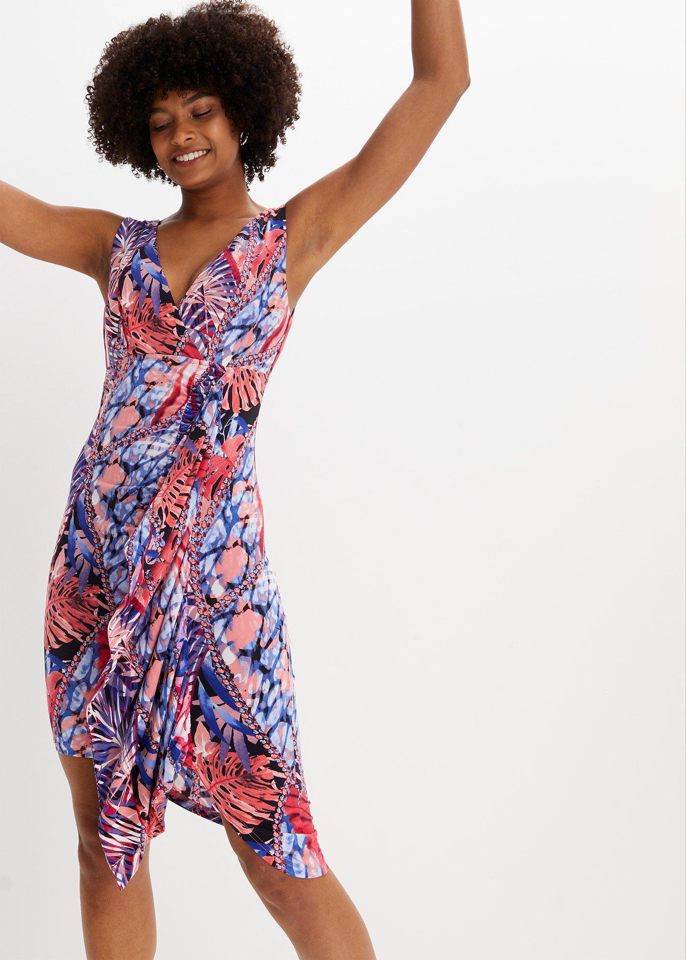 Féminine Et Moderne Robe Courte Avec Fente Et Imprimé Estival Bleumagenta Floral 5482