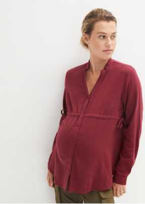 Maternité Top Pyjama Grossesse Rouge Manches Longues Boutons