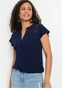T-shirt col tunisien en jersey viscose avec dentelle, bonprix