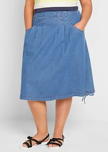 Jupe en jean extensible avec plis religieuse, lien à nouer et taille confortable, bonprix