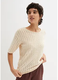 T-shirt en maille ajourée avec lin, manches coudes, bonprix