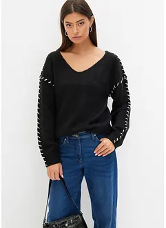 Pull en grosse maille douce à coutures contrastantes brodées, bonprix