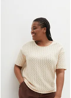T-shirt en maille ajourée avec lin, manches coudes, bonprix