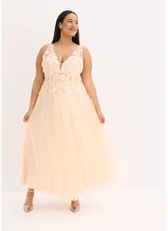 Robe longue en tulle délicat ornée de fleurs appliquées, bonprix