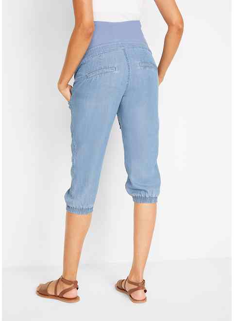 Patchie Wide Leg Capri Jeans In Plus Size With Frayed Hems - Compass Blue
