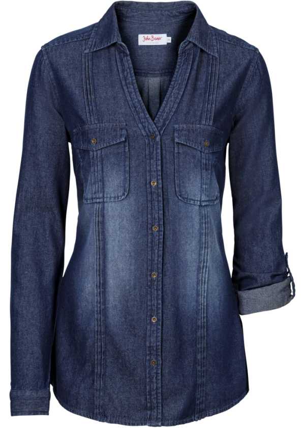 Chemisier shirt chemise tunique Fischerhemd Lang viscose jeans Italy Bleu XXL 48 50