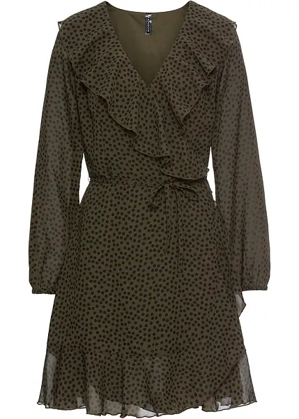 Adorable robe à pois avec multiples volants olive foncé pois noir